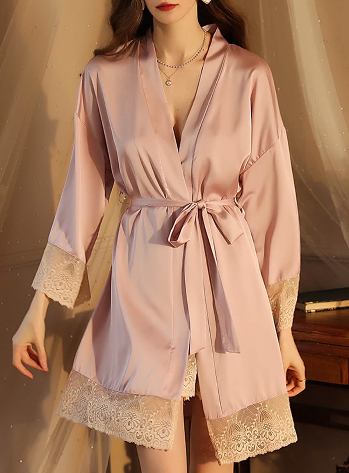 Satin Lace Embroidery Nightgown Robe Dress Set