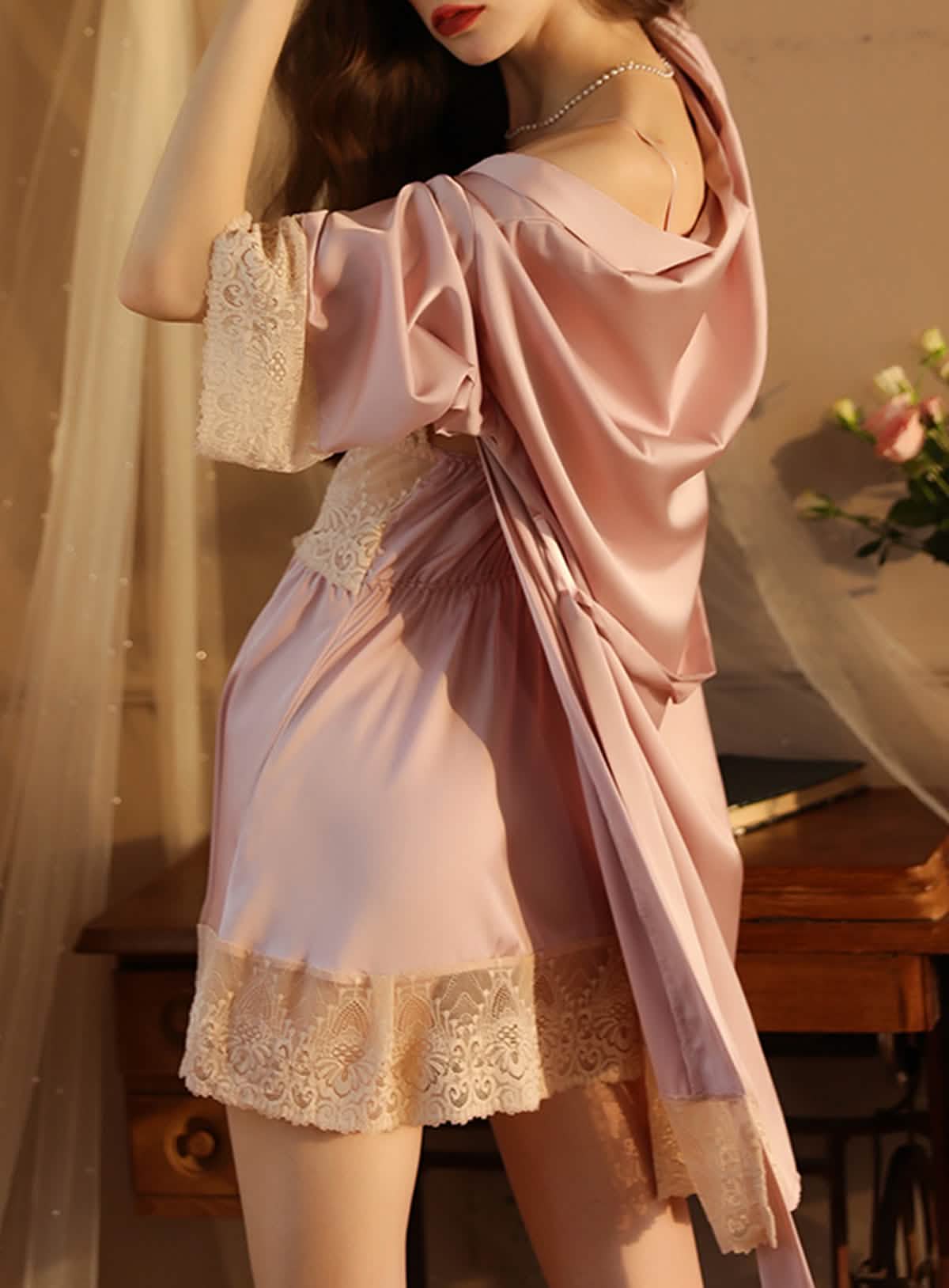 Satin Lace Embroidery Nightgown Robe Dress Set