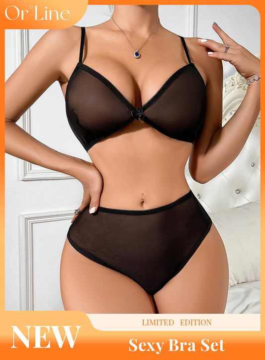 Sexy Black Elastic See-Through Hollow Underwear Panties Bra Set
