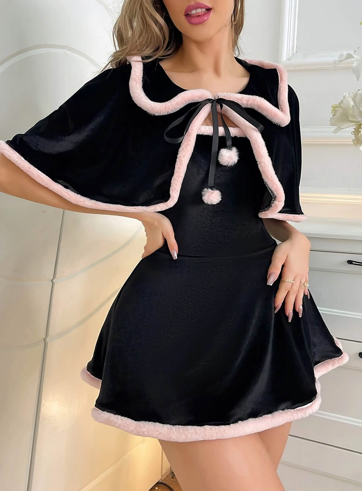 Sexy Black Velvet Cape Suspender Miniskirt