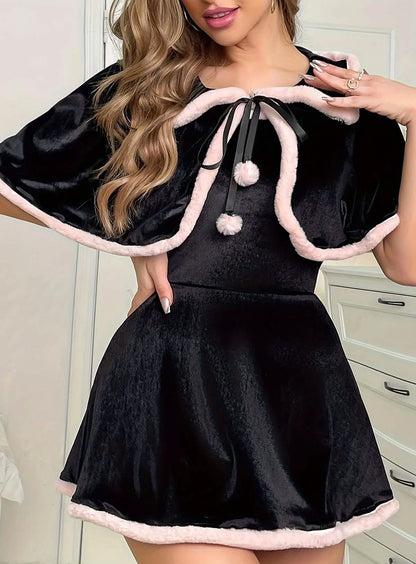 Sexy Black Velvet Cape Suspender Miniskirt
