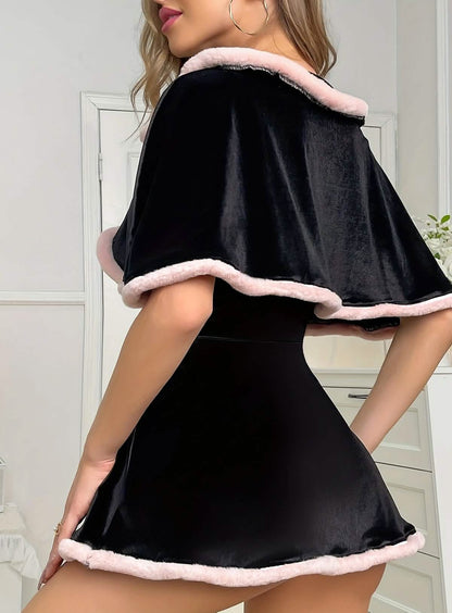 Sexy Black Velvet Cape Suspender Miniskirt