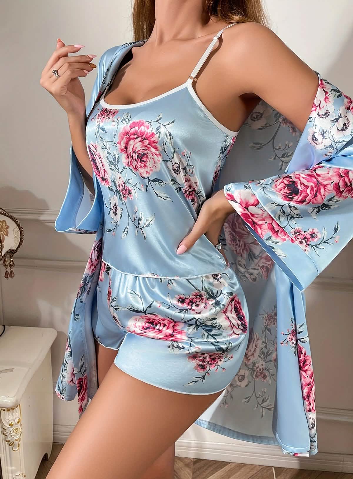 Sexy Blue Chinese Embroidered Miniskirt Nightgown Nightdress Suspender Nightgown Set