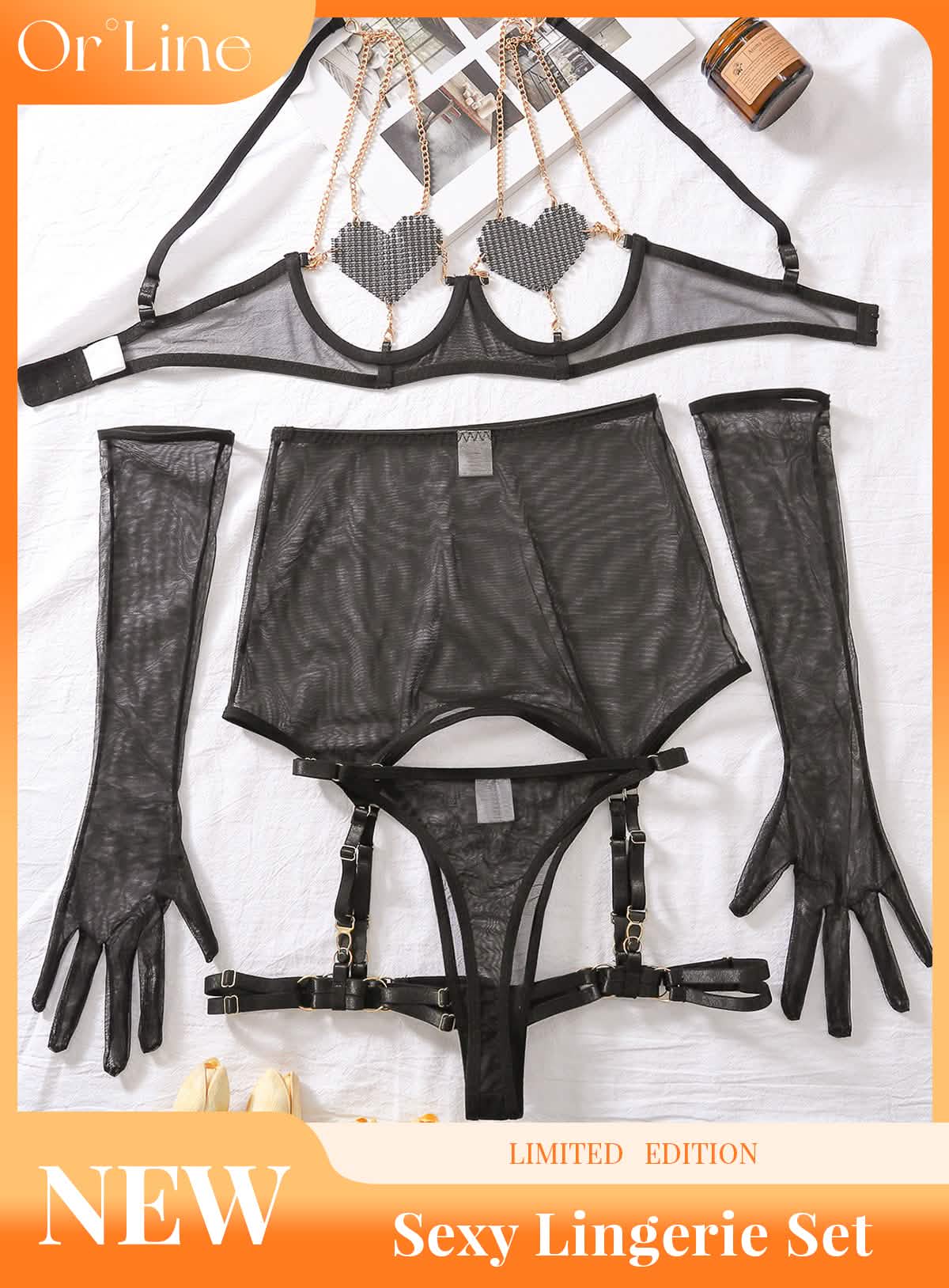 Sexy Lace Bikini See-Through Miniskirt T-Back Underwear Set with Gloves