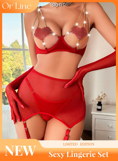 Sexy Lace Bikini See-Through Miniskirt T-Back Underwear Set with Gloves