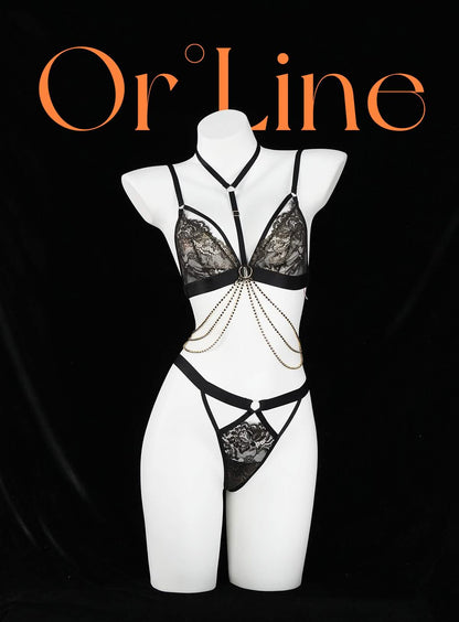 Sexy Lace Embroidery Metal Chain Bikini Underwear Set