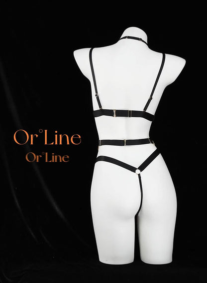 Sexy Lace Embroidery Metal Chain Bikini Underwear Set