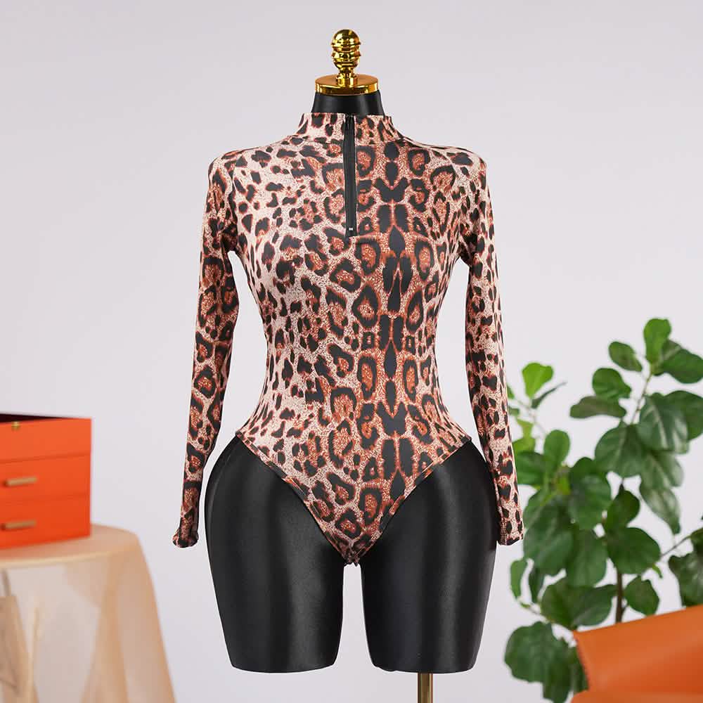 Sexy Leopard  Long Sleeve Zipper Bodysuit
