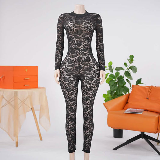 Sexy Long Sleeve See-Through Floral Lace Bodystocking