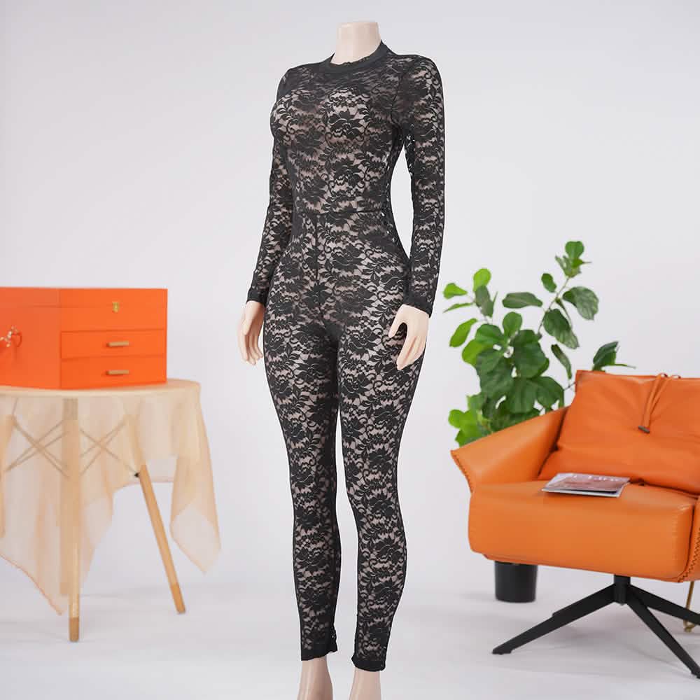 Sexy Long Sleeve See-Through Floral Lace Bodystocking