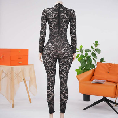 Sexy Long Sleeve See-Through Floral Lace Bodystocking