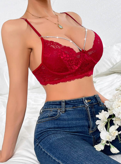 Sexy Red Lace Embroidery Embroidery See-through Hollow Shiny Metal Chain Underwear Bra