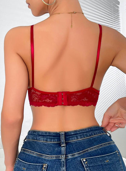 Sexy Red Lace Embroidery Embroidery See-through Hollow Shiny Metal Chain Underwear Bra