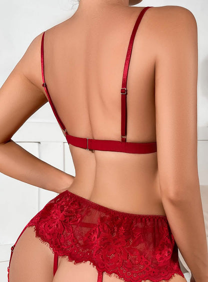 Sexy Red Lace Embroidery See-through Hollow Out Underwear Bra Set