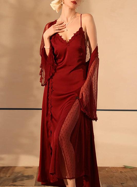 Sexy Silk Lace Embroidery Low Cut nightgown Robe Dress Set