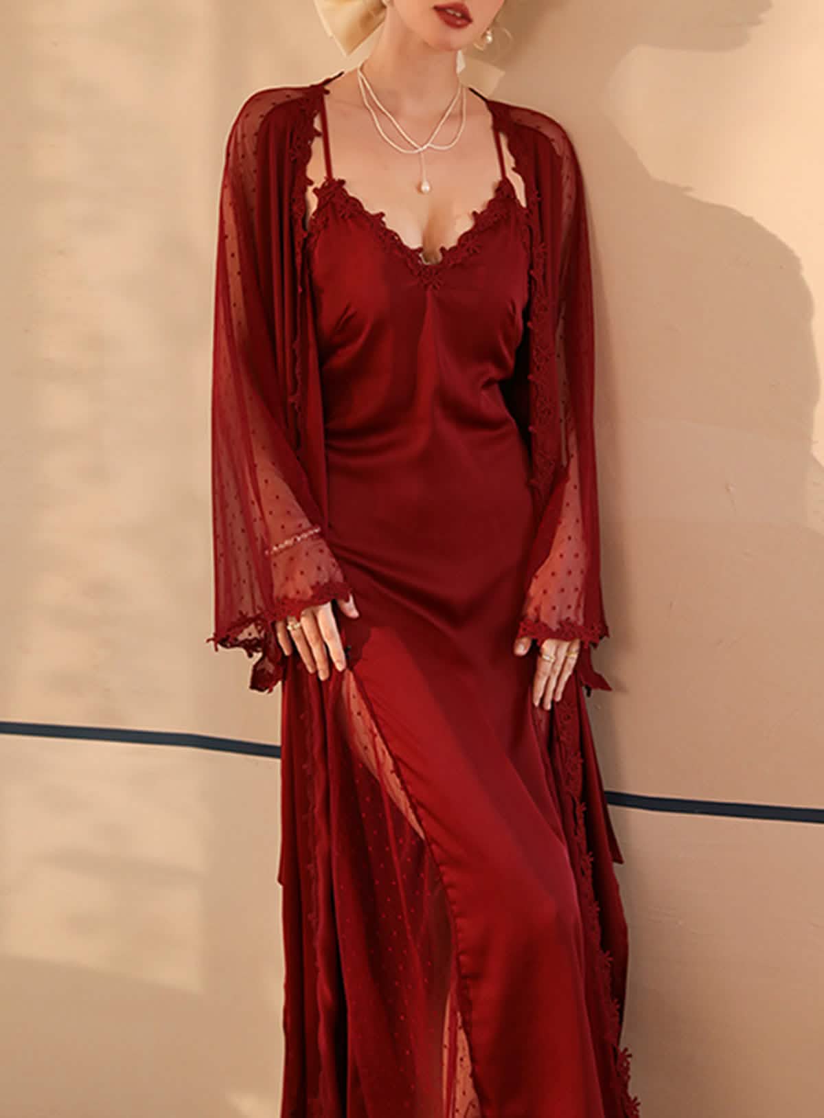 Sexy Silk Lace Embroidery Low Cut nightgown Robe Dress Set
