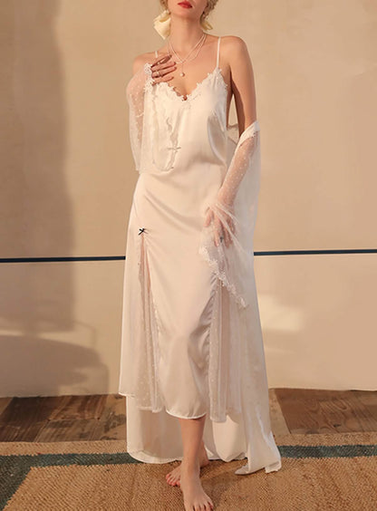 Sexy Silk Lace Embroidery Low Cut nightgown Robe Dress Set