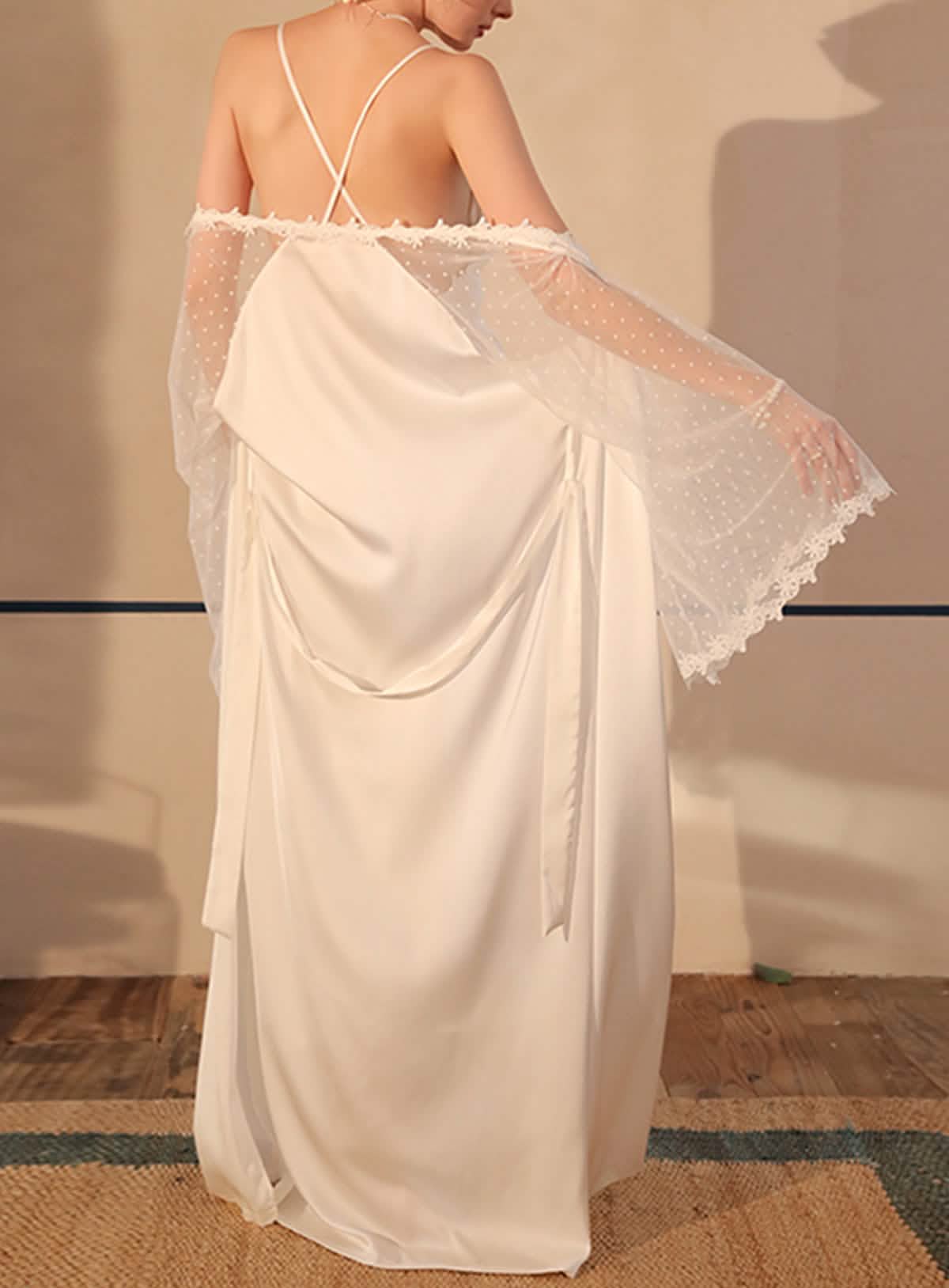 Sexy Silk Lace Embroidery Low Cut nightgown Robe Dress Set