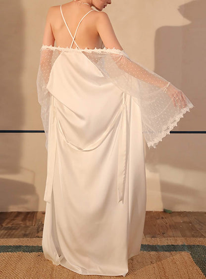 Sexy Silk Lace Embroidery Low Cut nightgown Robe Dress Set