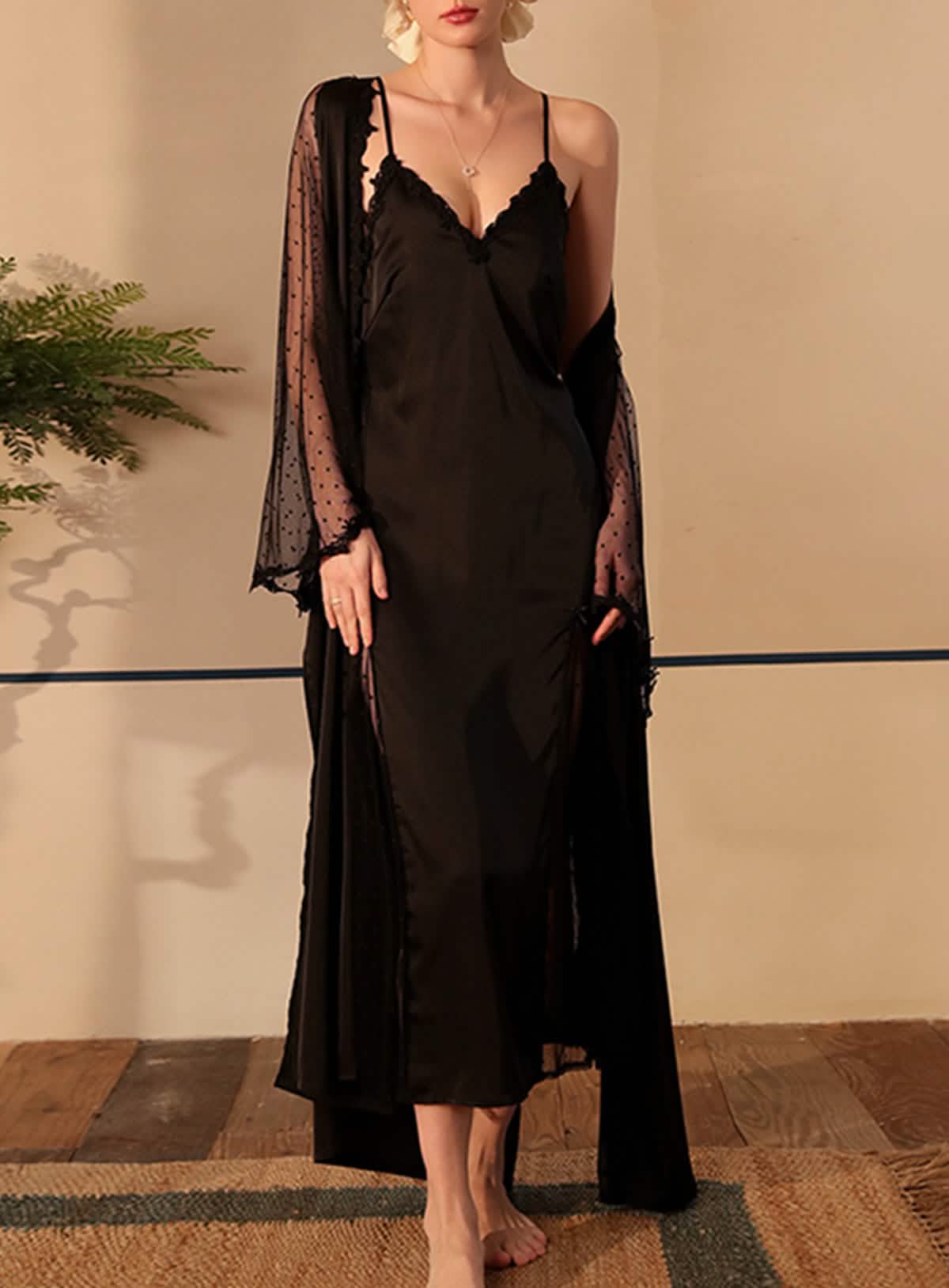 Sexy Silk Lace Embroidery Low Cut nightgown Robe Dress Set