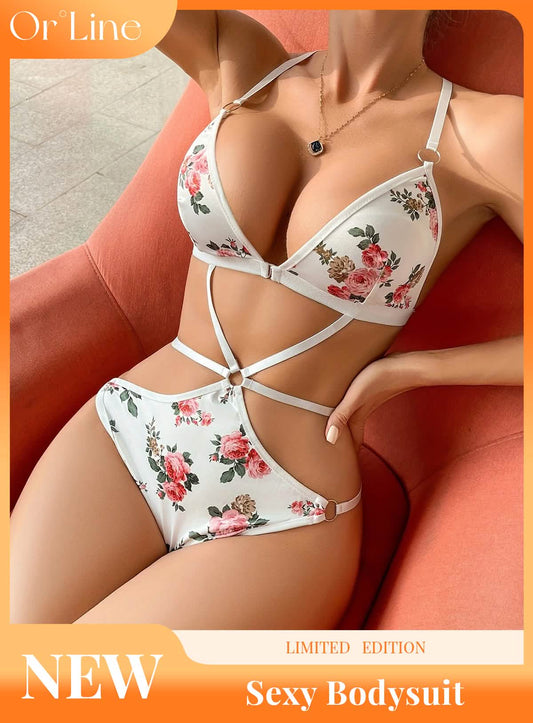 Sexy White Embroidered Elastic See-through Hollow Underwear Strap-On Panties Bra Set Bodysuit