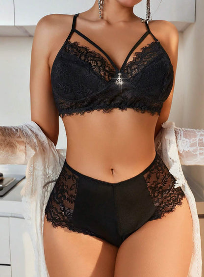 Sexy black lace embroidery embroidery perspective hollow pajamas nightdress lace lace underwear panties set