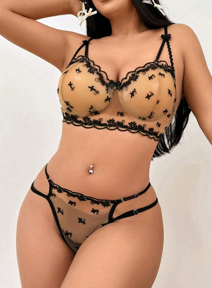 Sexy black lace embroidery lingerie bikini see-through hollow sexy outfit bra panties set