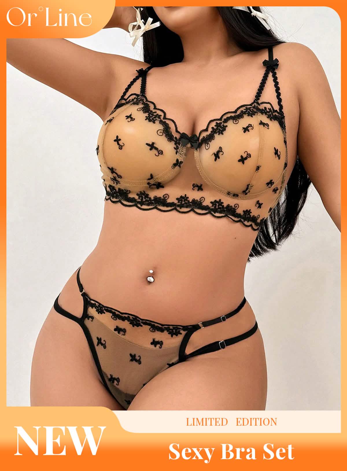 Sexy black lace embroidery lingerie bikini see-through hollow sexy outfit bra panties set