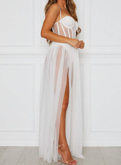 Sexy black lace embroidery lingerie see-through hollow sexy outfit slit long skirt