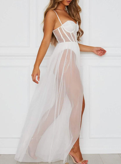 Sexy black lace embroidery lingerie see-through hollow sexy outfit slit long skirt