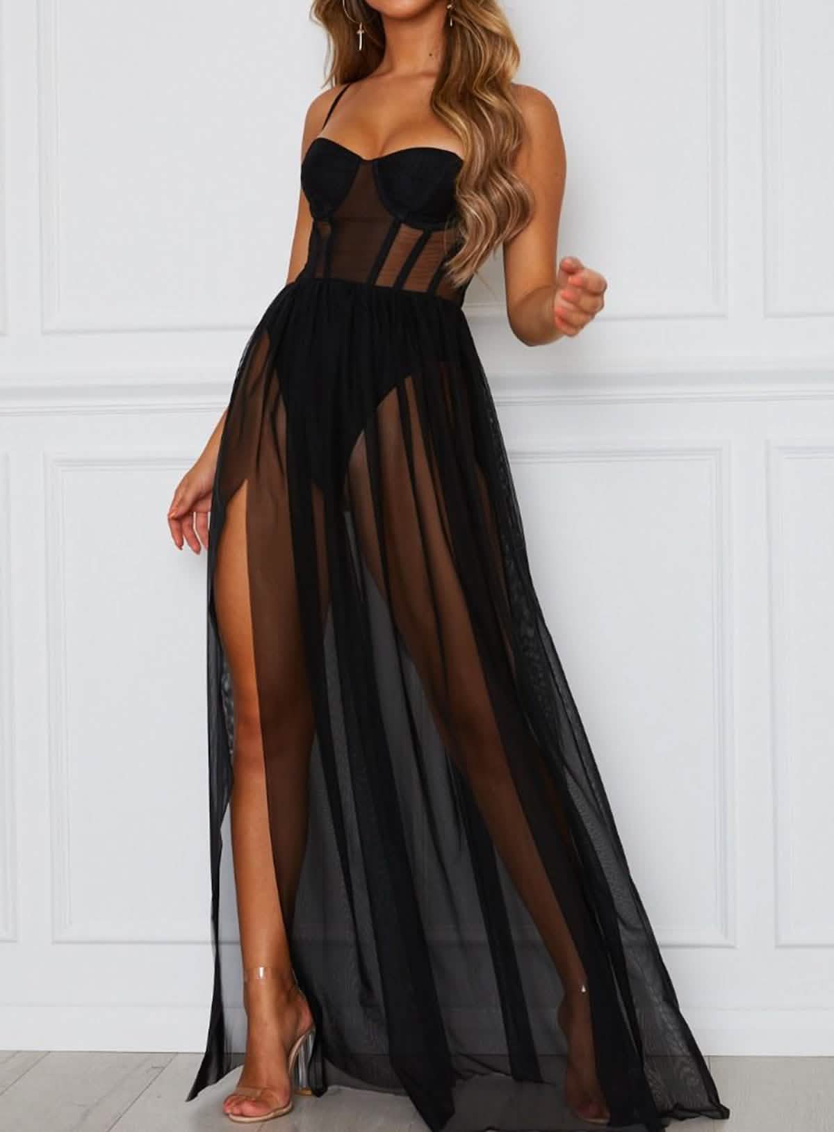 Sexy black lace embroidery lingerie see-through hollow sexy outfit slit long skirt