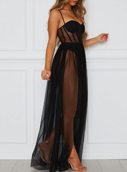 Sexy black lace embroidery lingerie see-through hollow sexy outfit slit long skirt