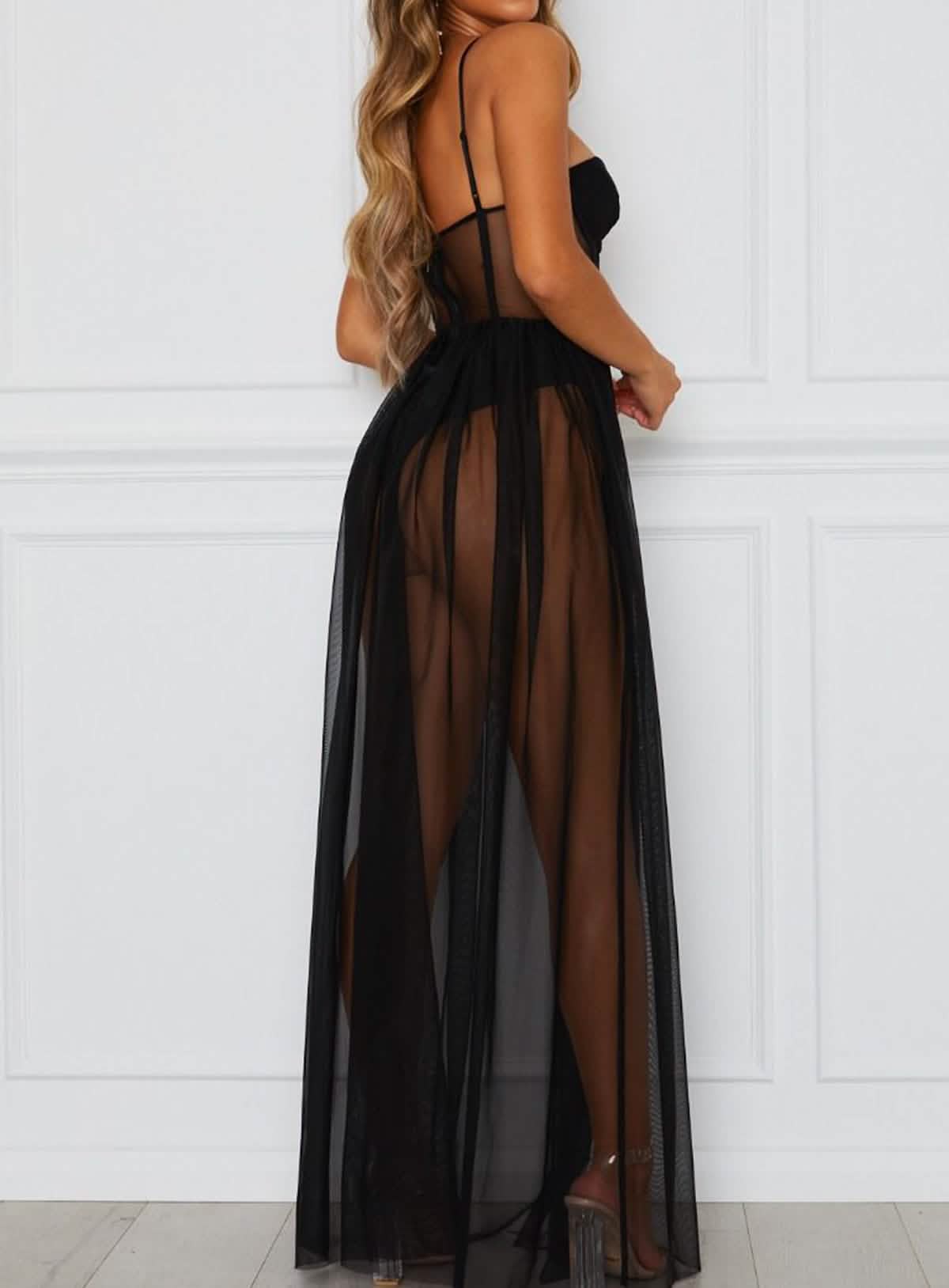 Sexy black lace embroidery lingerie see-through hollow sexy outfit slit long skirt