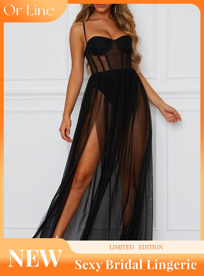 Sexy black lace embroidery lingerie see-through hollow sexy outfit slit long skirt