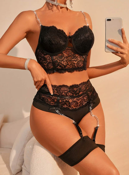 Sexy black lace embroidery lingerie see-through hollow shiny metal chain sexy bra panty set