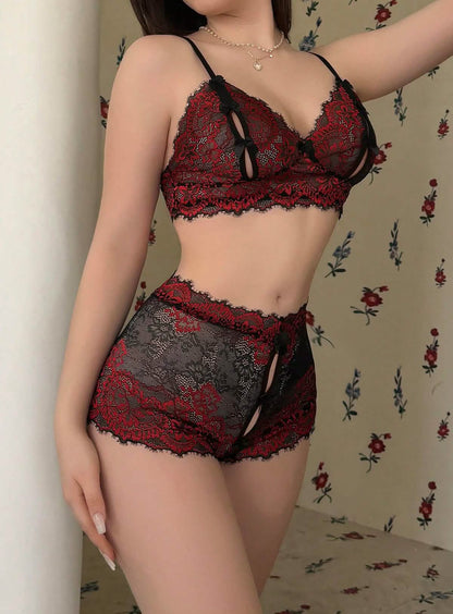 Sexy black red lace embroidery embroidered bikini lingerie see-through cut-out seduction exposing bra open panty set