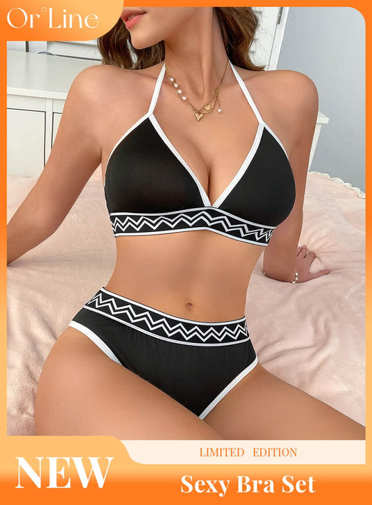 Sexy black silk high stretch bikini lingerie see-through cut-out seduction exposing bra panties set