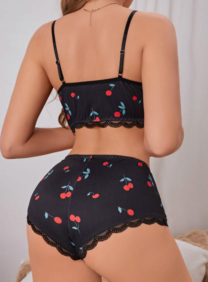 Sexy black silk lace embroidery embroidered bikini lingerie see-through cut-out seduction exposing bra panties set