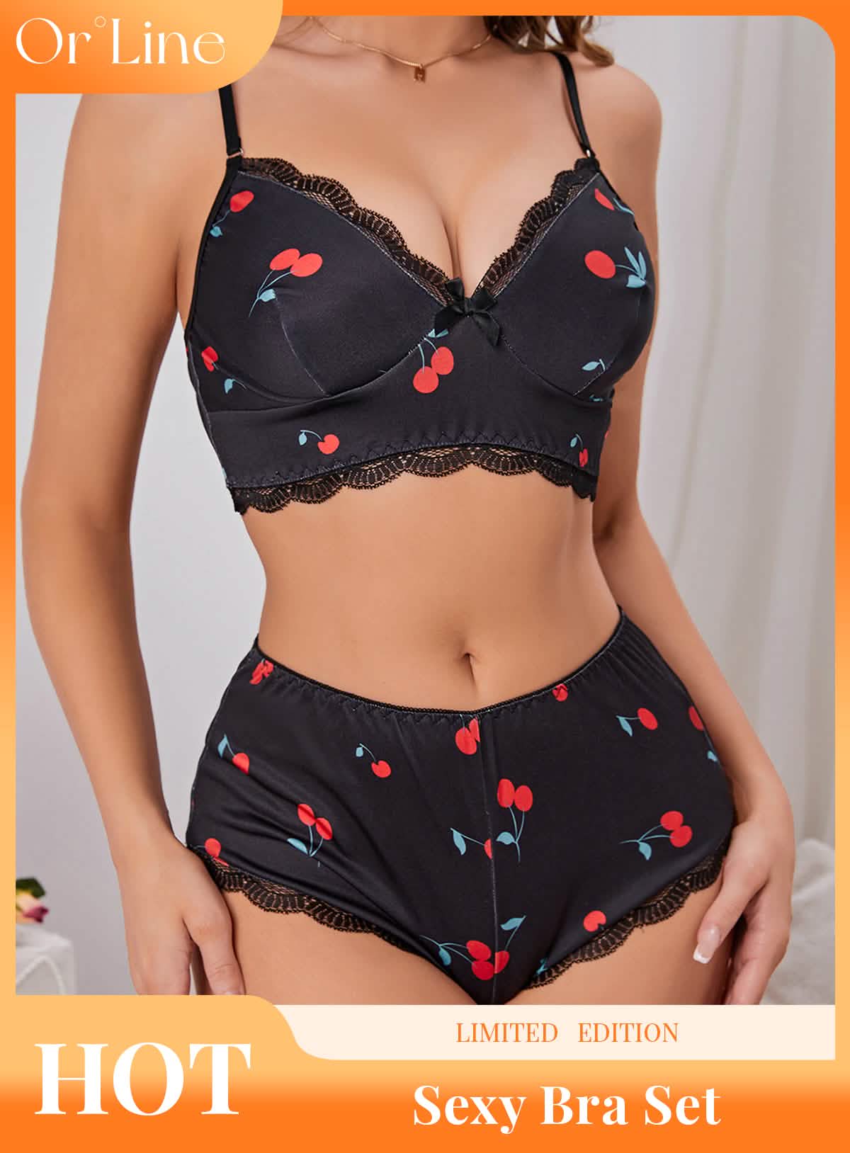 Sexy black silk lace embroidery embroidered bikini lingerie see-through cut-out seduction exposing bra panties set