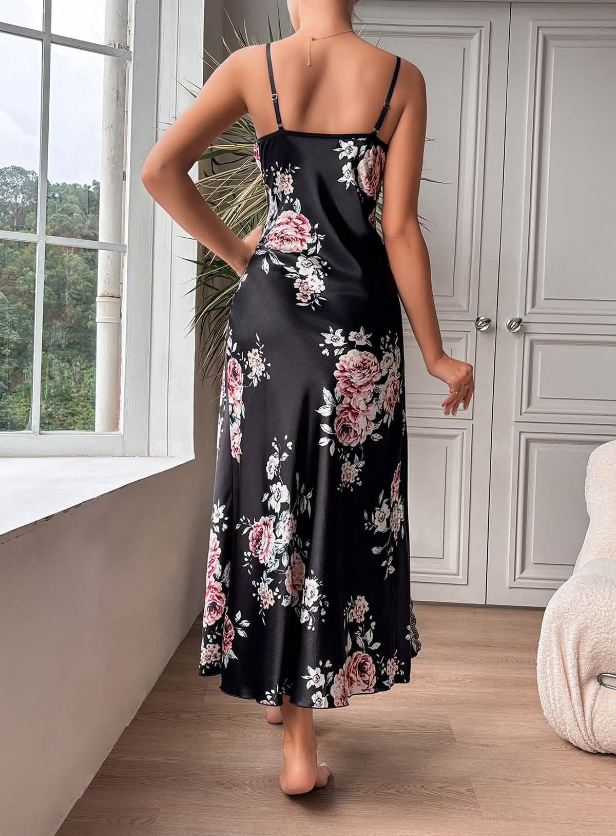 Black Silk Flower Printed High Slit Negligee