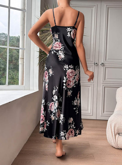 Black Silk Flower Printed High Slit Negligee