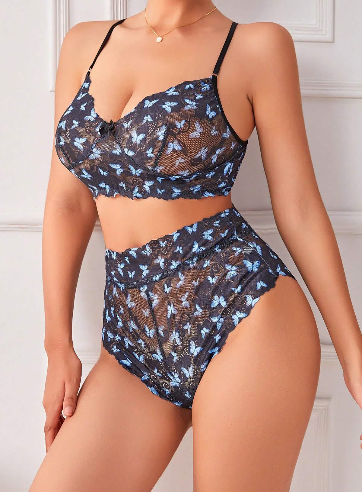 Sexy blue lace embroidery embroidered bikini lingerie see-through cut-out erotic outfit seduction bra panties set