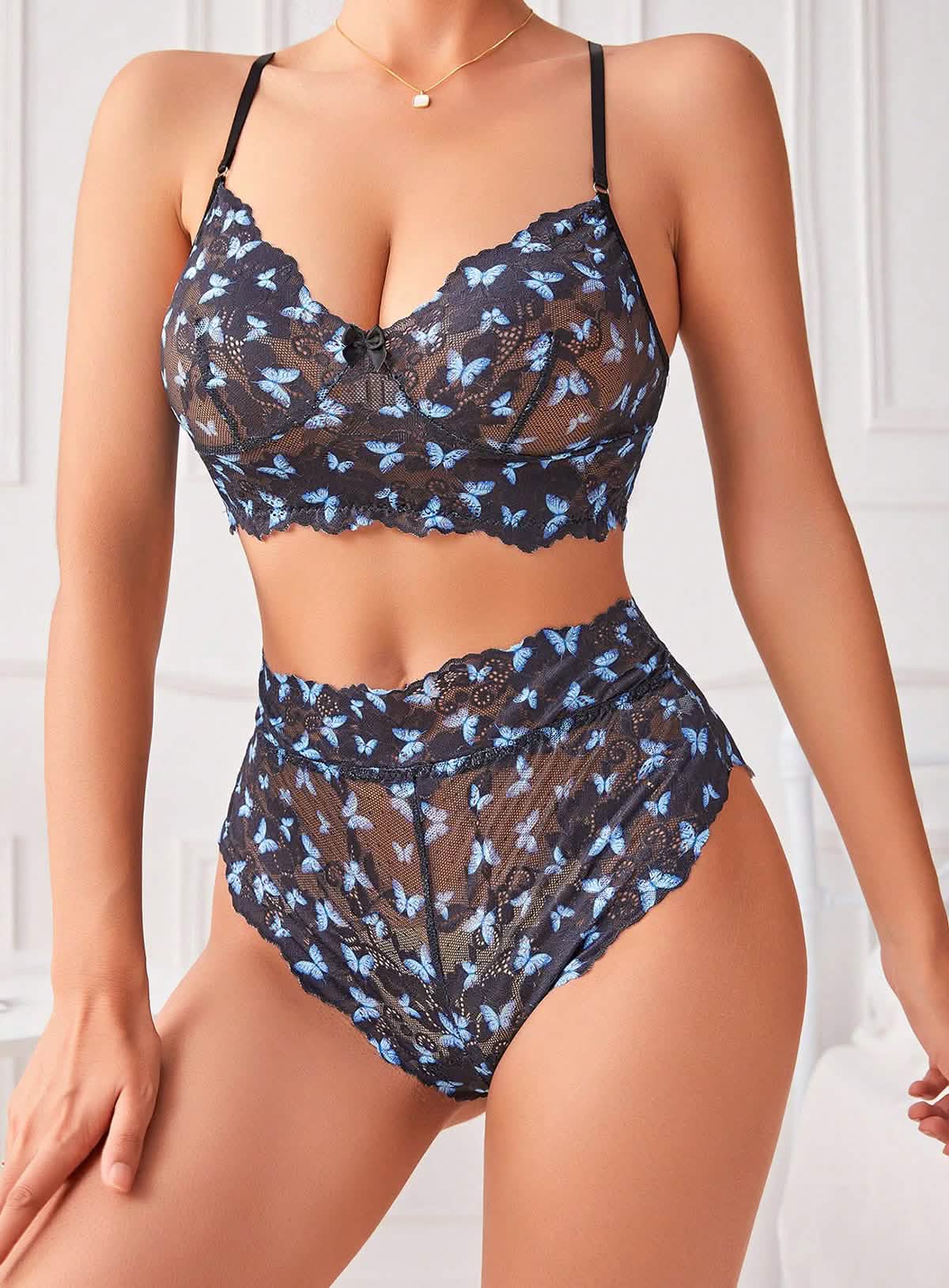 Sexy blue lace embroidery embroidered bikini lingerie see-through cut-out erotic outfit seduction bra panties set