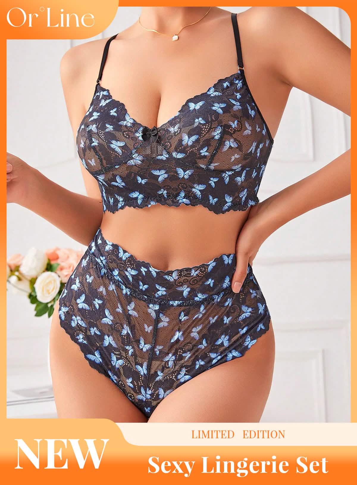 Sexy blue lace embroidery embroidered bikini lingerie see-through cut-out erotic outfit seduction bra panties set