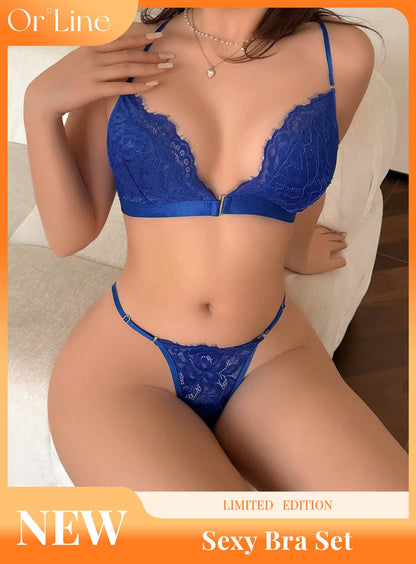 Sexy blue lace embroidery embroidered bikini lingerie see-through cut-out seduction exposing bra panties set