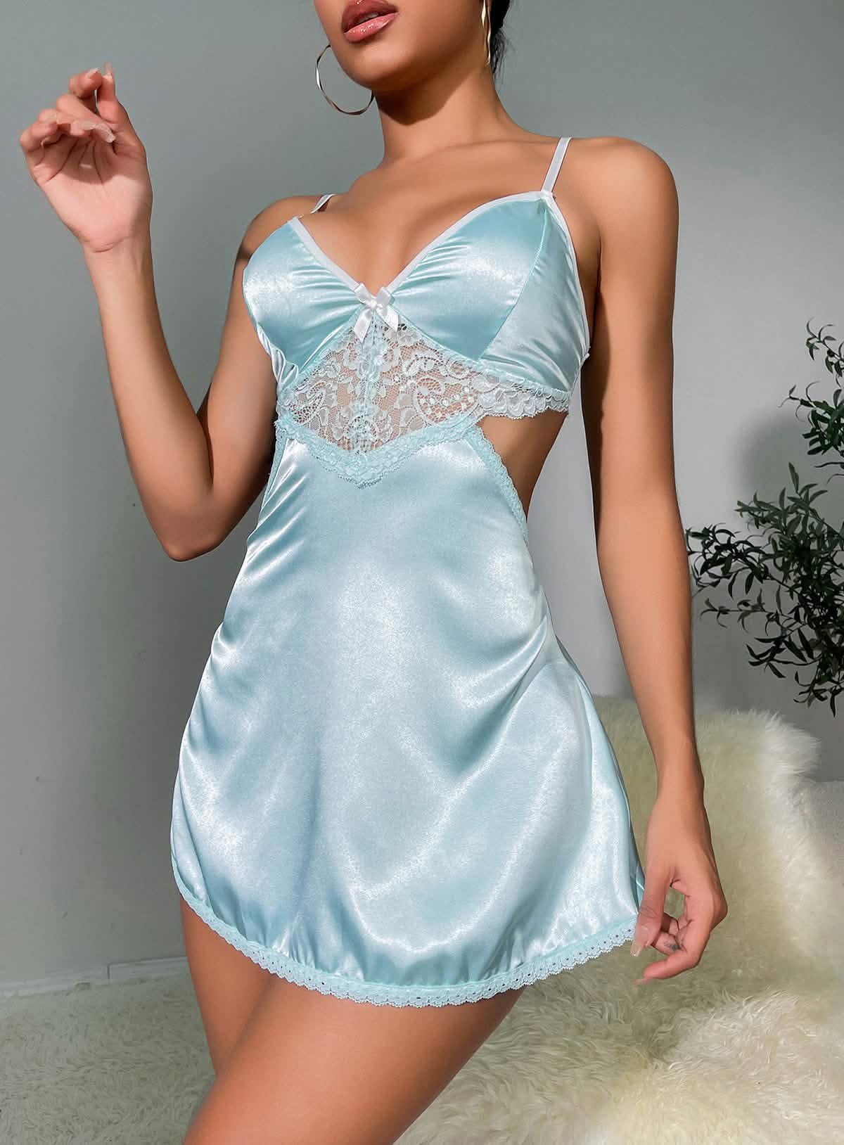 Sexy blue lace embroidery silk see-through hollow suspender pajamas nightdress miniskirt