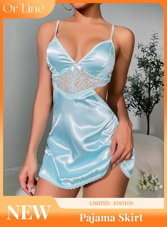 Sexy blue lace embroidery silk see-through hollow suspender pajamas nightdress miniskirt