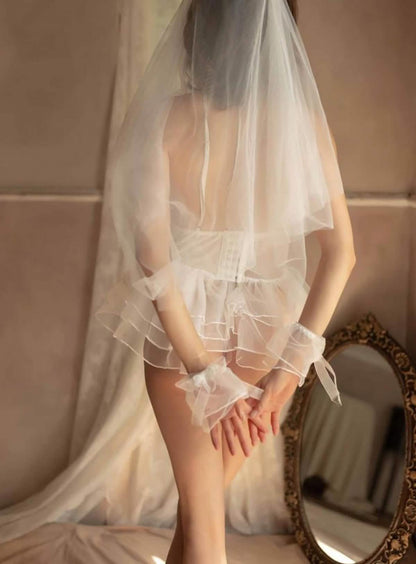 Sexy bride wedding dress style white lace embroidery lingerie dress perspective hollow sexy outfit pajamas suspender skirt nightdress tutu skirt miniskirt babydoll skirt with tulle