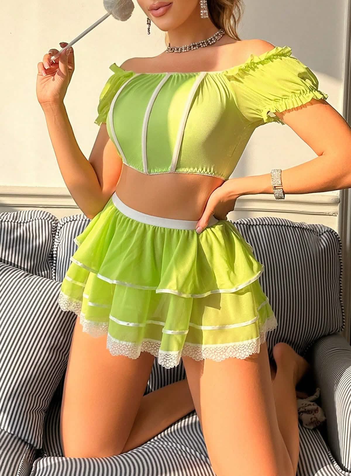 Sexy green silk bikini erotic suit seduction lingerie miniskirt doll dress