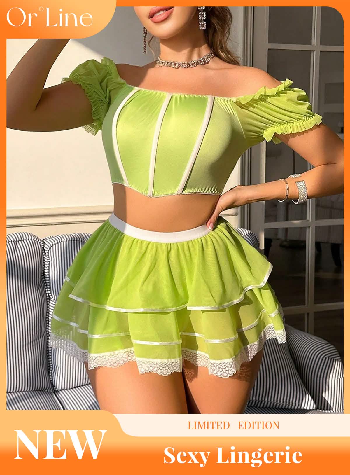 Sexy green silk bikini erotic suit seduction lingerie miniskirt doll dress
